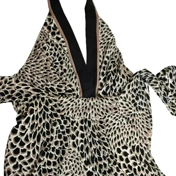 BCBGMAXAZRIA Womens Black Tan Cream Flowy Halter Dress Floral Print Wrap Waist M - Picture 9 of 9